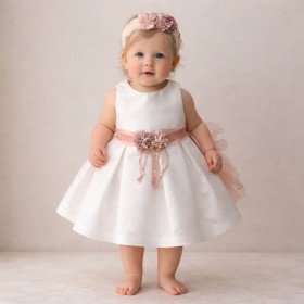 ABITO GIROMANICA MIKADO BIANCO CON FASCIA IN VITA ROSA ANTICO.