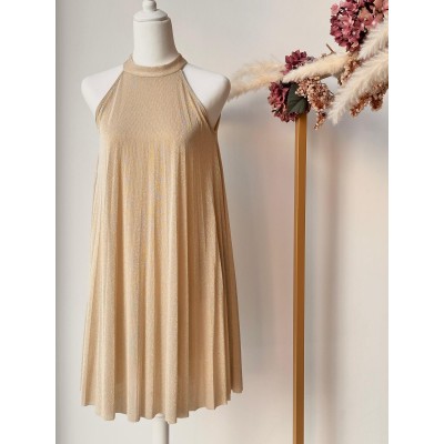 ABITO PLISSETTATO CHAMPAGNE CON SCOLLO ALL'AMERICANA