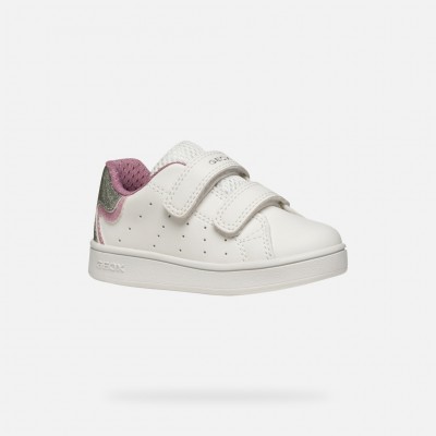 SNEAKERS BIANCA E ROSA IN PELLE, CON GLITTER SUL RETRO E STRAPPI IN VELCRO