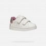 SNEAKERS BIANCA E ROSA IN PELLE, CON GLITTER SUL RETRO E STRAPPI IN VELCRO