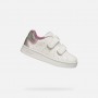 SNEAKERS BIANCA E ROSA IN PELLE, CON GLITTER SUL RETRO E STRAPPI IN VELCRO