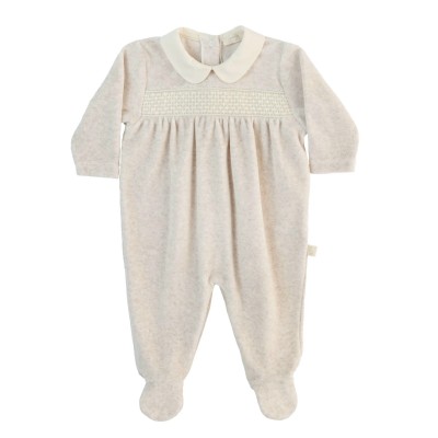 TUTINA BEIGE IN CINIGLIA CON COLLETTO ARROTONDATO ECRU E PUNTO SMOCK