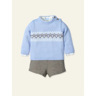 COMPLETO MAGLIONCINO CIELO, CAMICIA FANTASY E PANTALONCINO