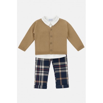 COMPLETO CARDIGAN YUCCA, PANTALONE BLU TARTAN E CAMICIA WHITE