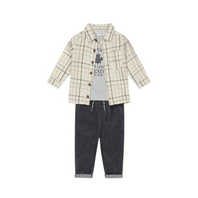 COMPLETO CON PANTALONE BLU A COSTE, CAMICIA A QUADRI E MAGLIETTINA MANICA LUNGA