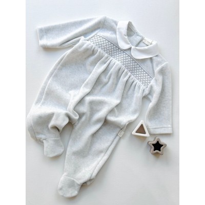 TUTINA GRIGIA IN CINIGLIA CON COLLETTO ARROTONDATO BIANCO E PUNTO SMOCK