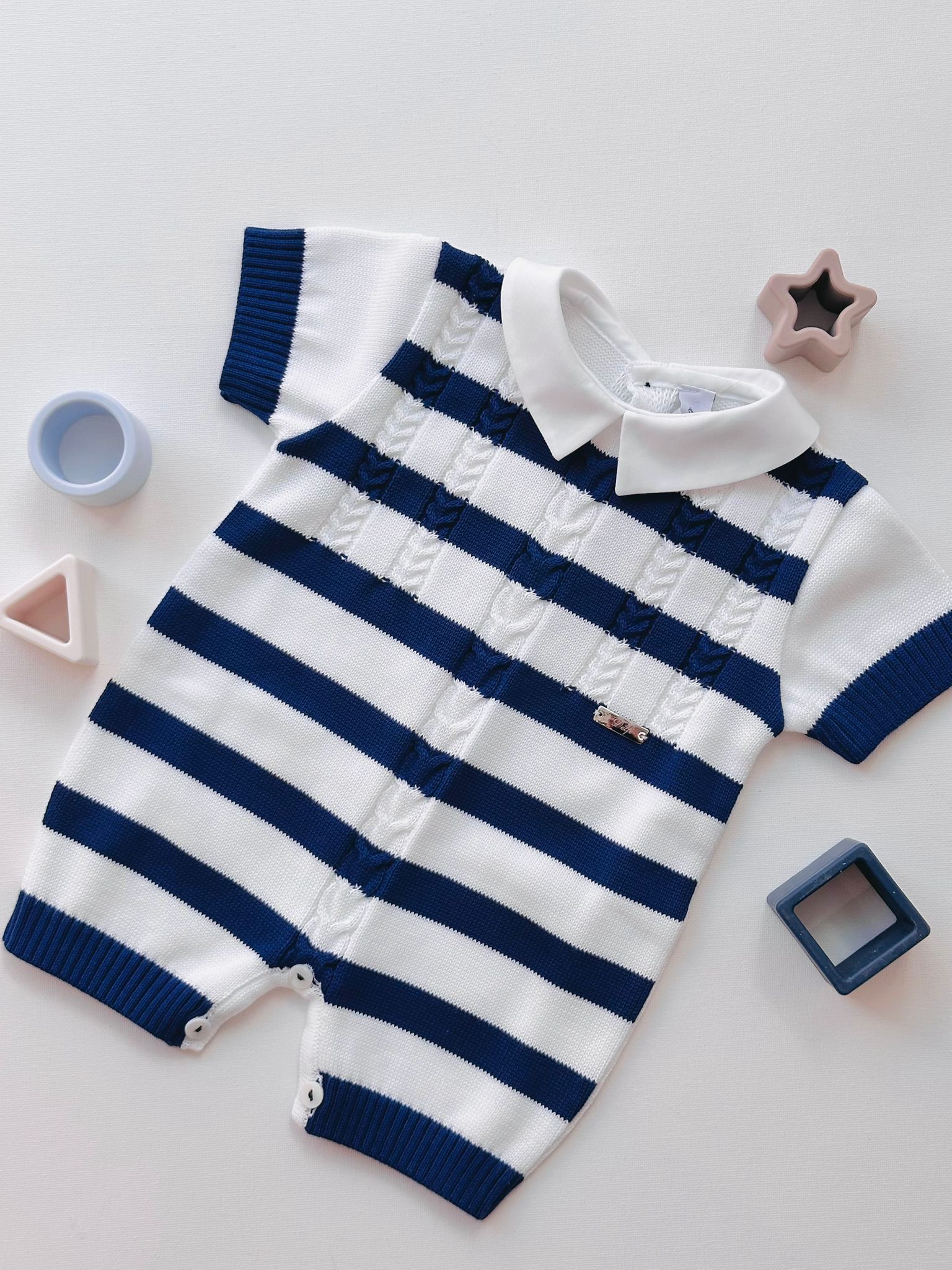 PAGLIACCETTO IN FILO A RIGHE BLU E BIANCO INSERTI TRECCE