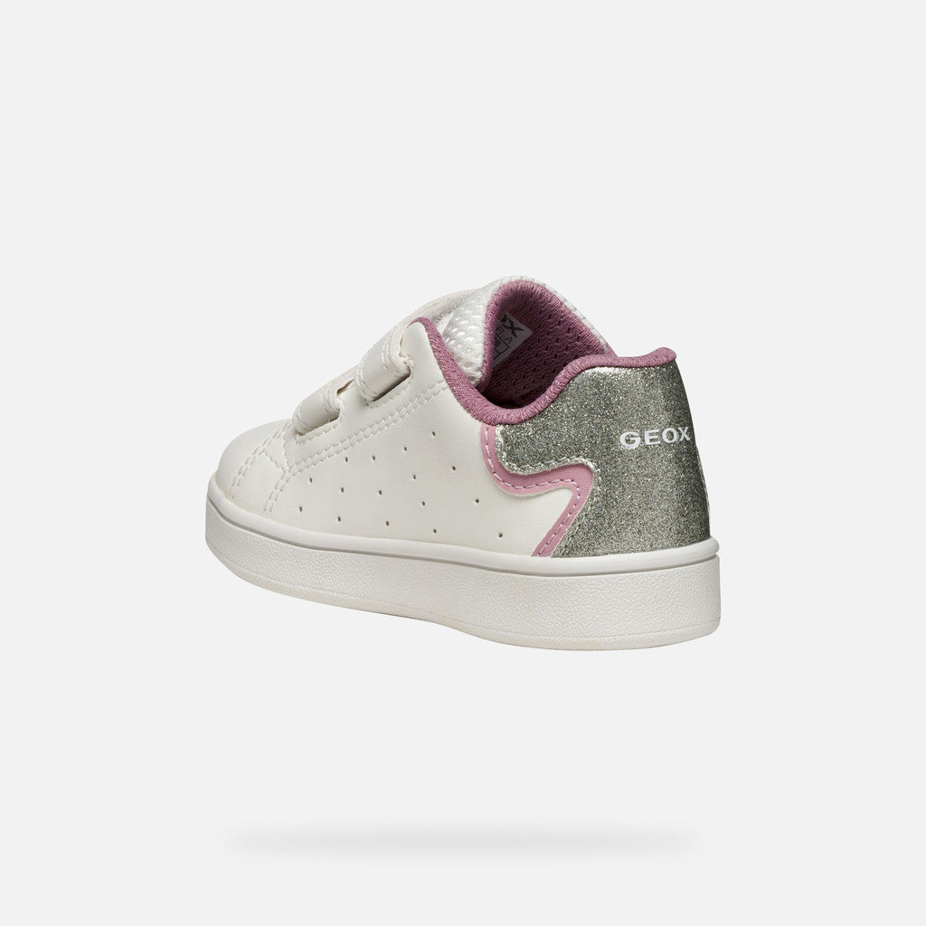 SNEAKERS BIANCA E ROSA IN PELLE, CON GLITTER SUL RETRO E STRAPPI IN VELCRO