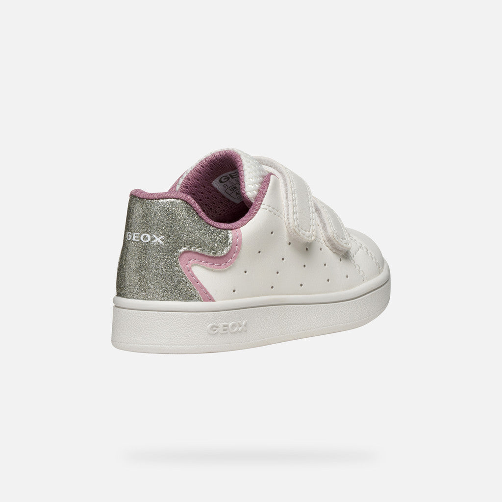 SNEAKERS BIANCA E ROSA IN PELLE, CON GLITTER SUL RETRO E STRAPPI IN VELCRO