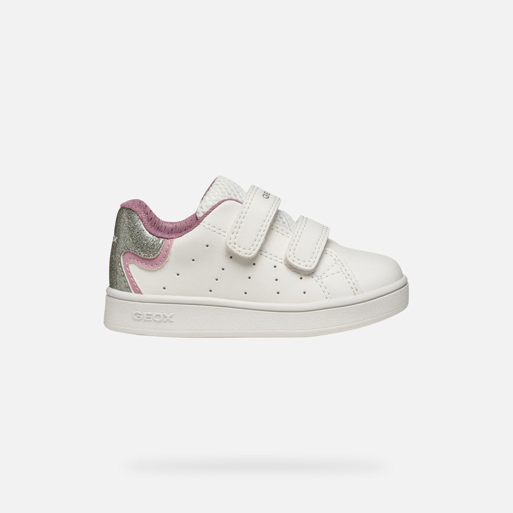 SNEAKERS BIANCA E ROSA IN PELLE, CON GLITTER SUL RETRO E STRAPPI IN VELCRO