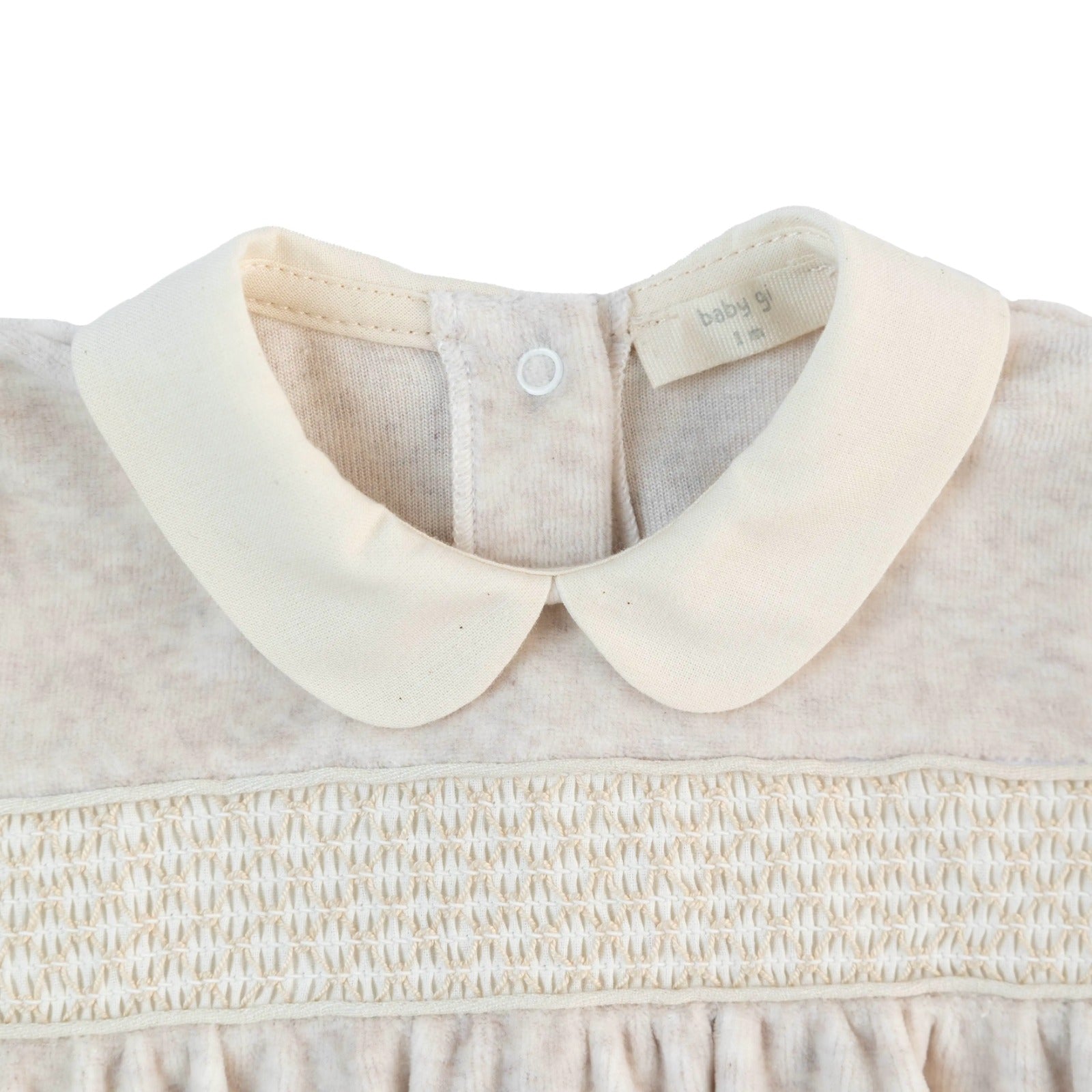 TUTINA BEIGE IN CINIGLIA CON COLLETTO ARROTONDATO ECRU E PUNTO SMOCK