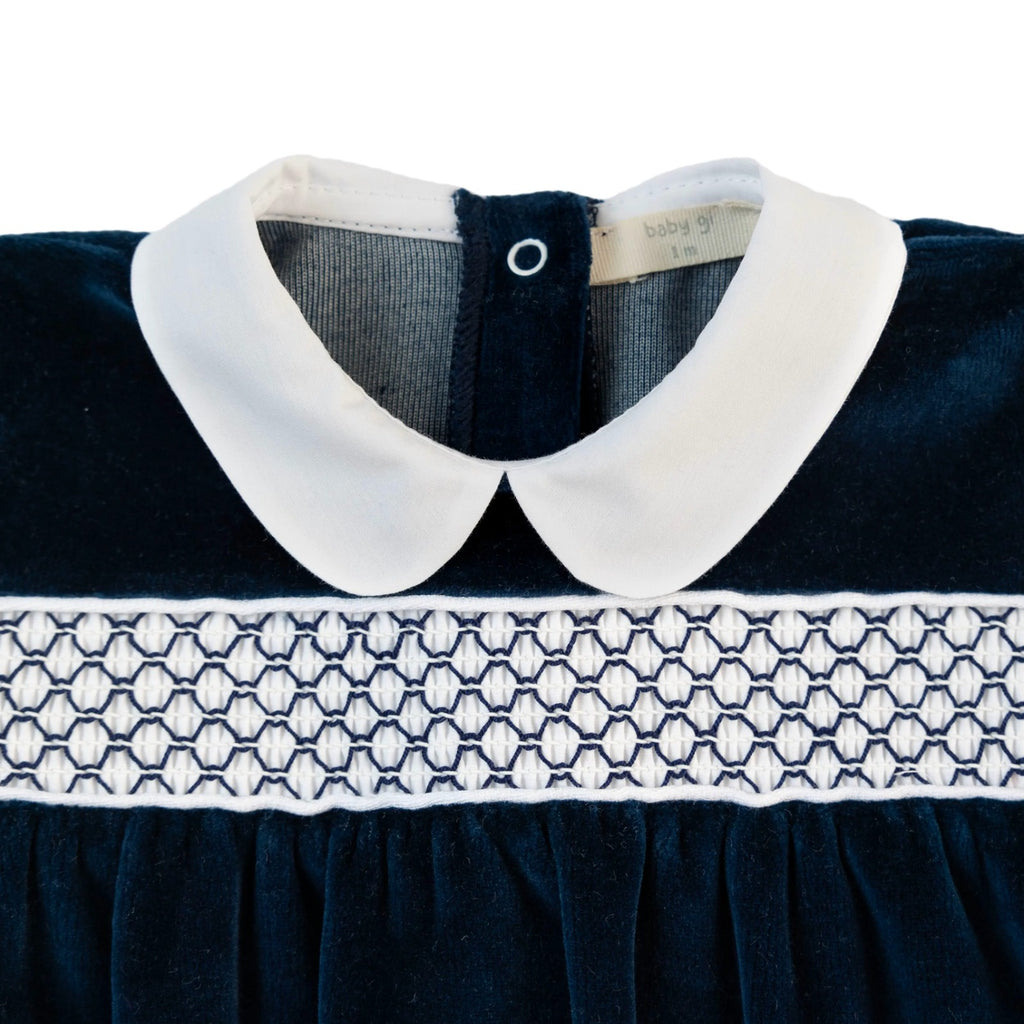 TUTINA NAVY IN CINIGLIA CON COLLETTO ARROTONDATO BIANCO E PUNTO SMOCK