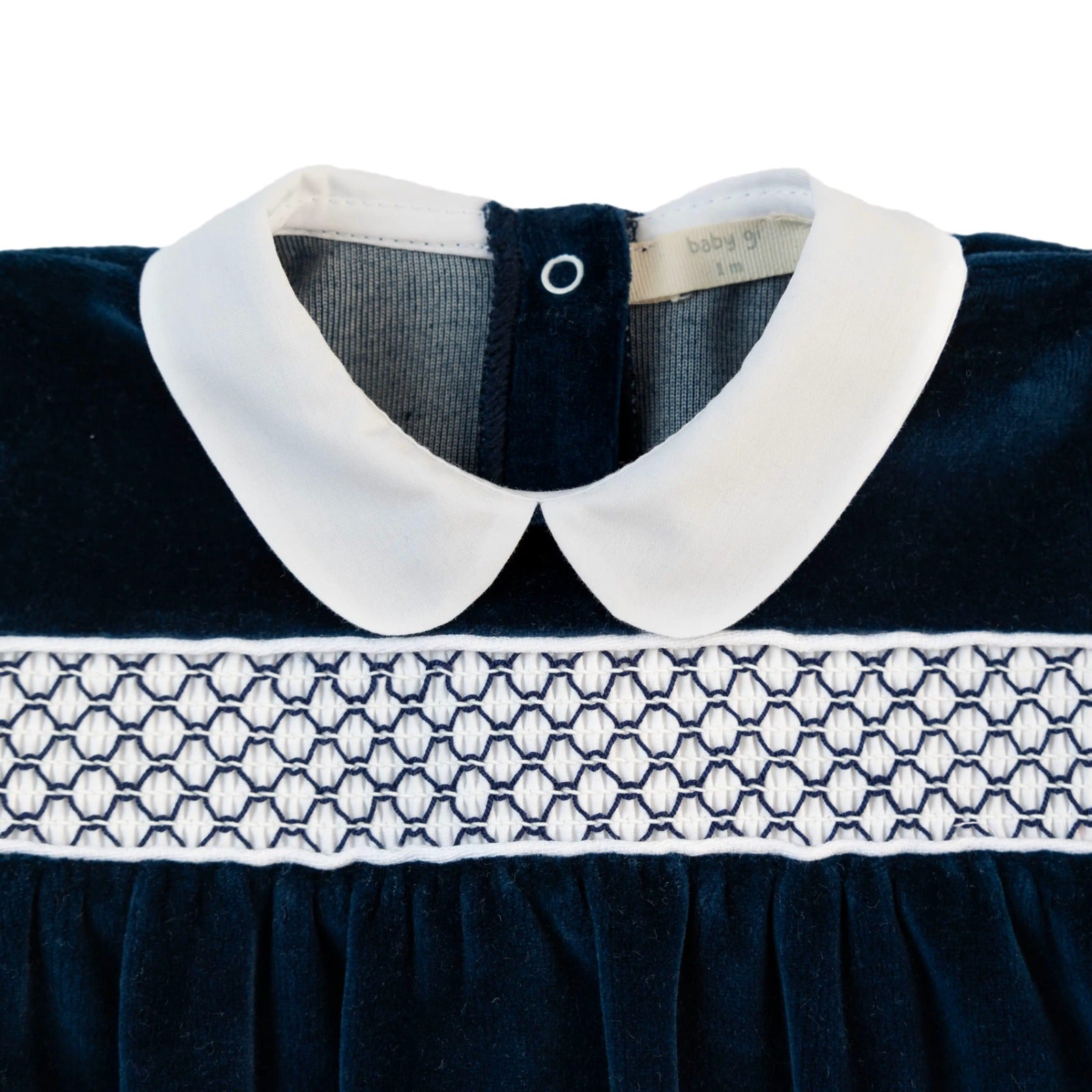 TUTINA NAVY IN CINIGLIA CON COLLETTO ARROTONDATO BIANCO E PUNTO SMOCK