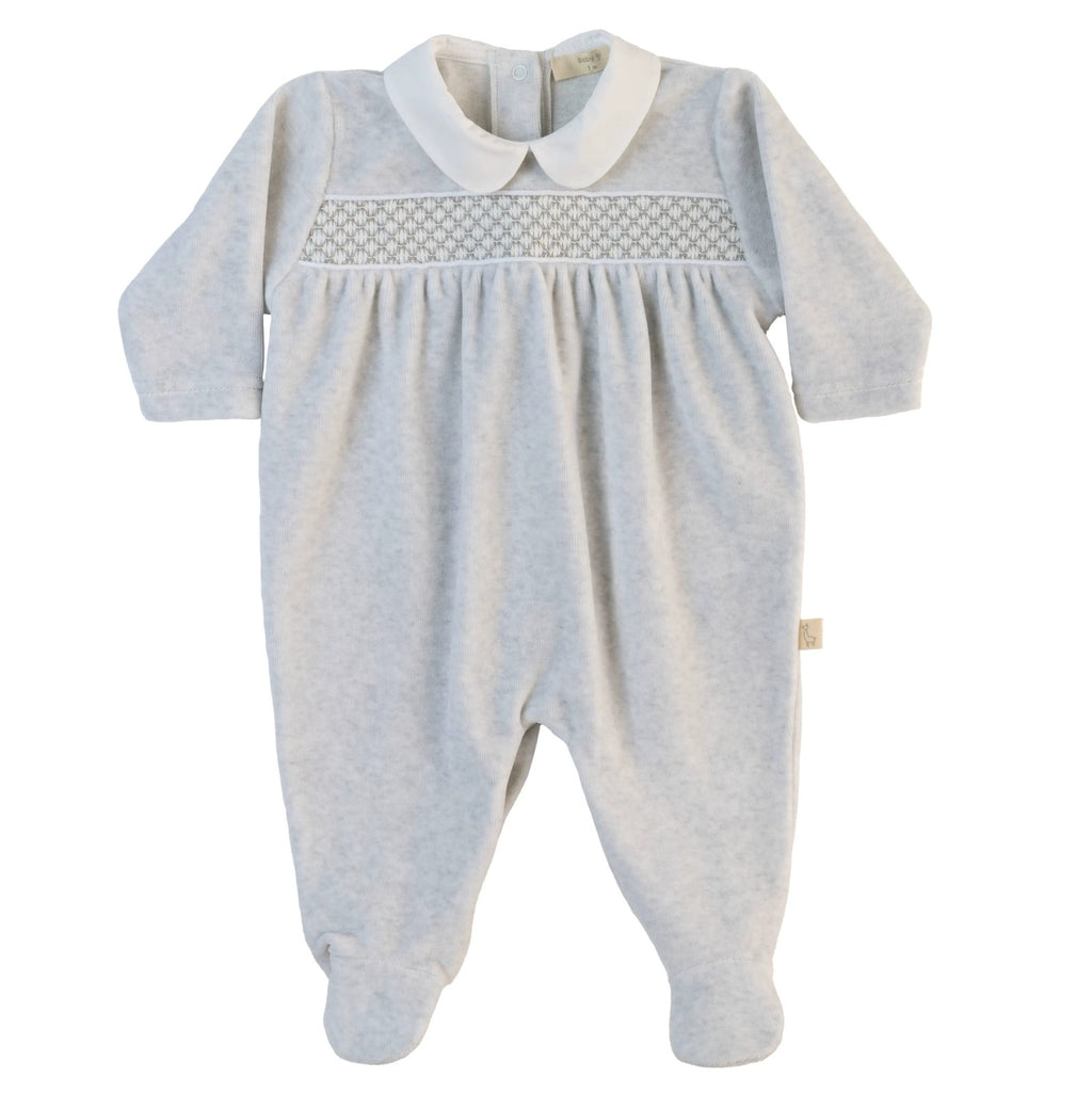 TUTINA GRIGIA IN CINIGLIA CON COLLETTO ARROTONDATO BIANCO E PUNTO SMOCK