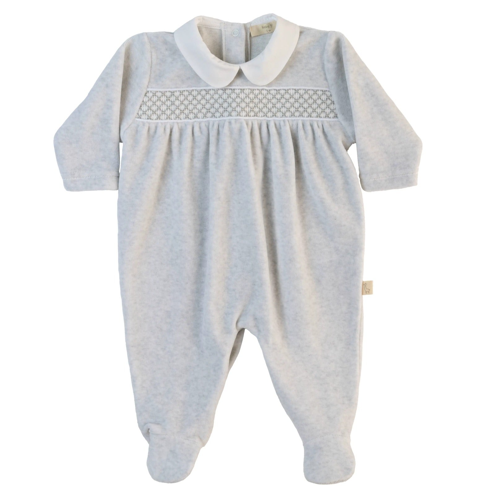 TUTINA GRIGIA IN CINIGLIA CON COLLETTO ARROTONDATO BIANCO E PUNTO SMOCK