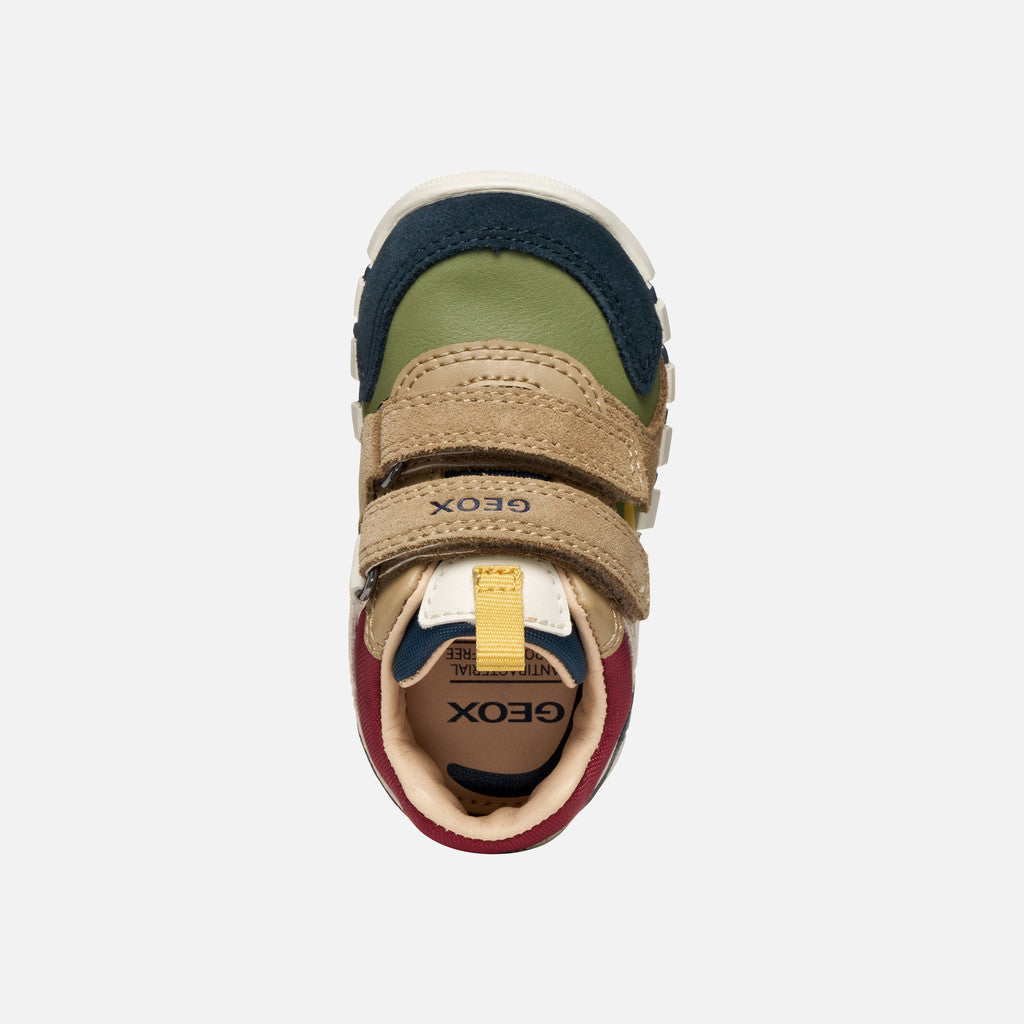 SNEAKERS VERDE E BEIGE IN PELLE E CAMOSCIO CON DOPPIO STRAPPO