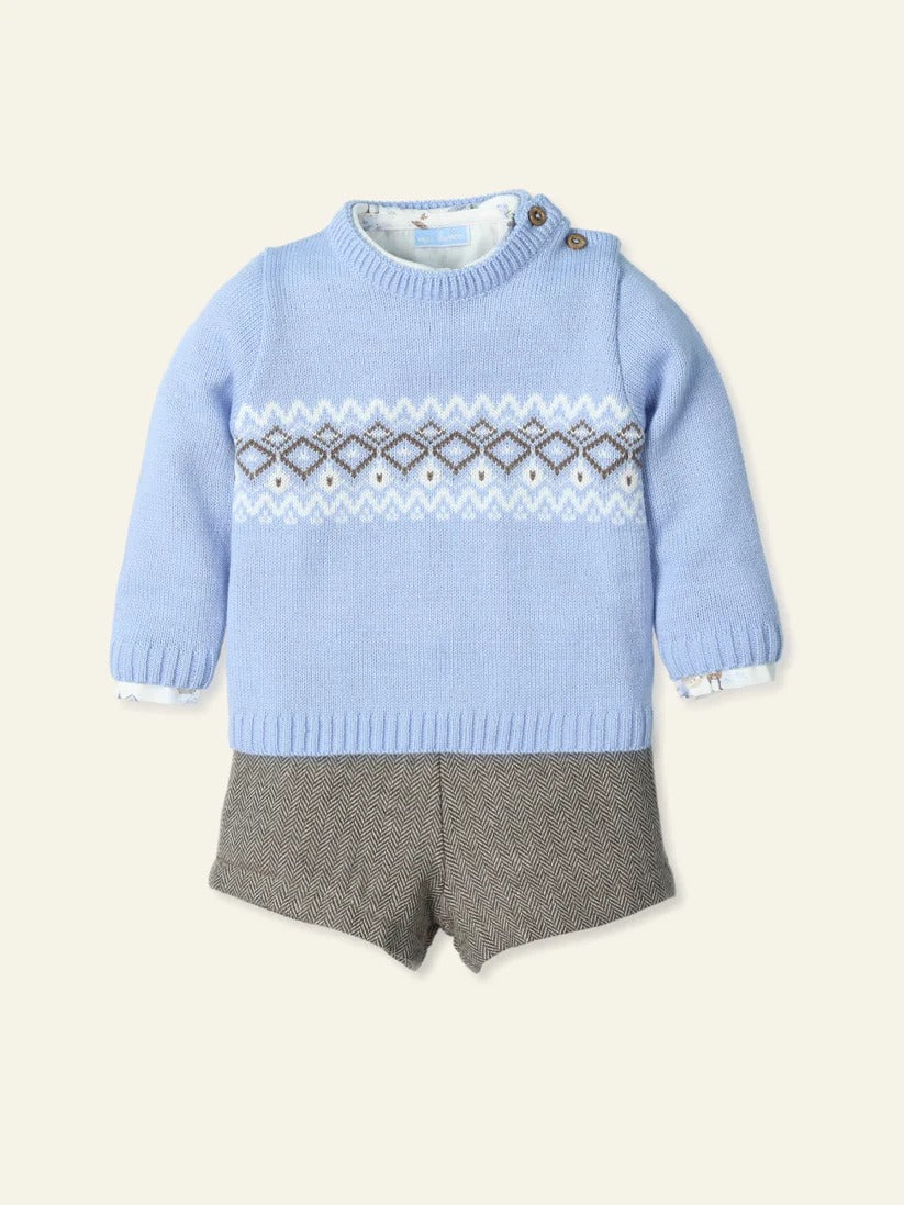 COMPLETO MAGLIONCINO CIELO, CAMICIA FANTASY E PANTALONCINO