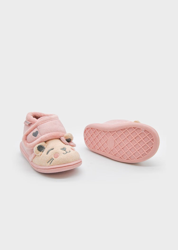 SCARPA DA CAMERA TEDDY ROSA IN CINIGLIA, CON SUOLA IN GOMMA E STRAPPO IN VELCRO