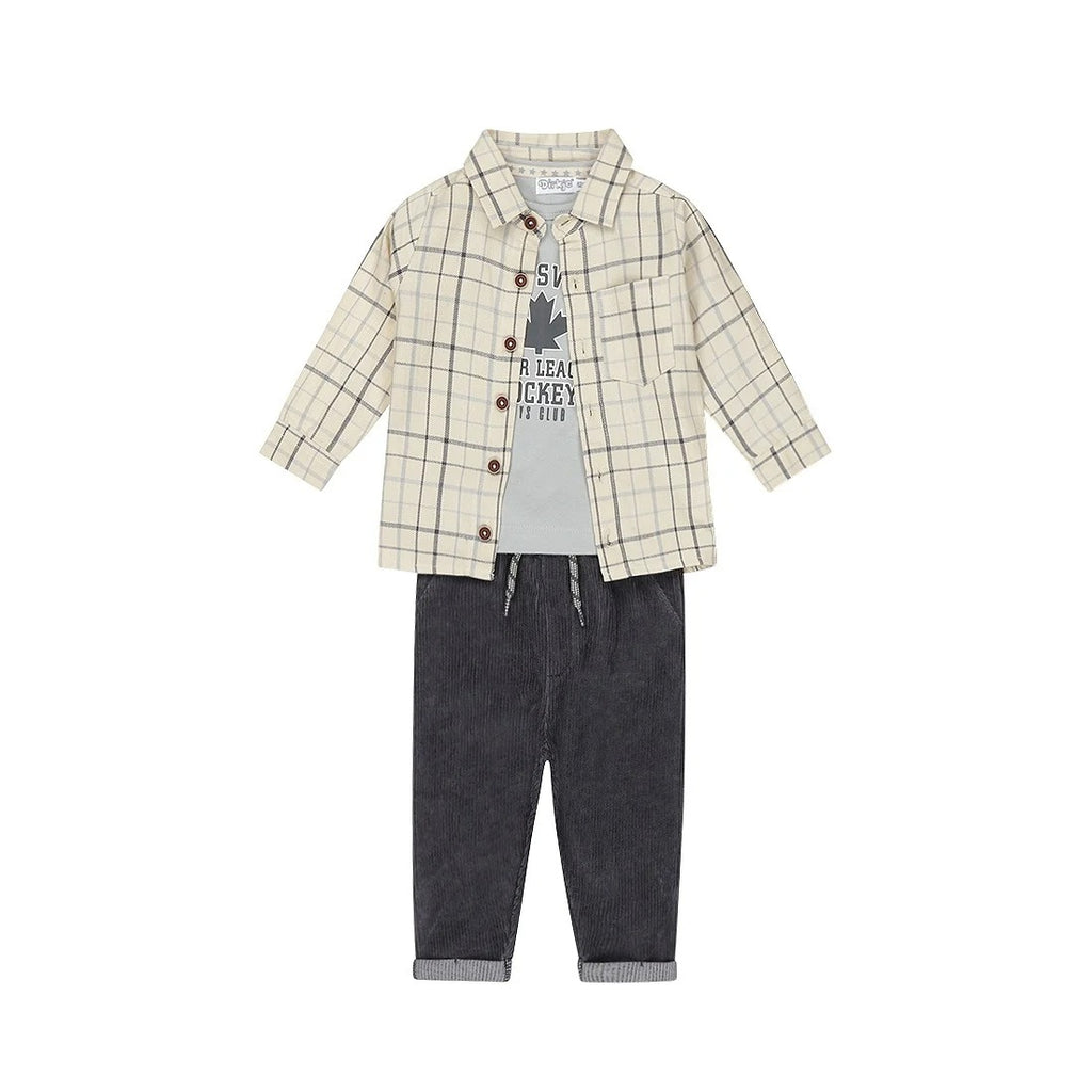 COMPLETO CON PANTALONE BLU A COSTE, CAMICIA A QUADRI E MAGLIETTINA MANICA LUNGA