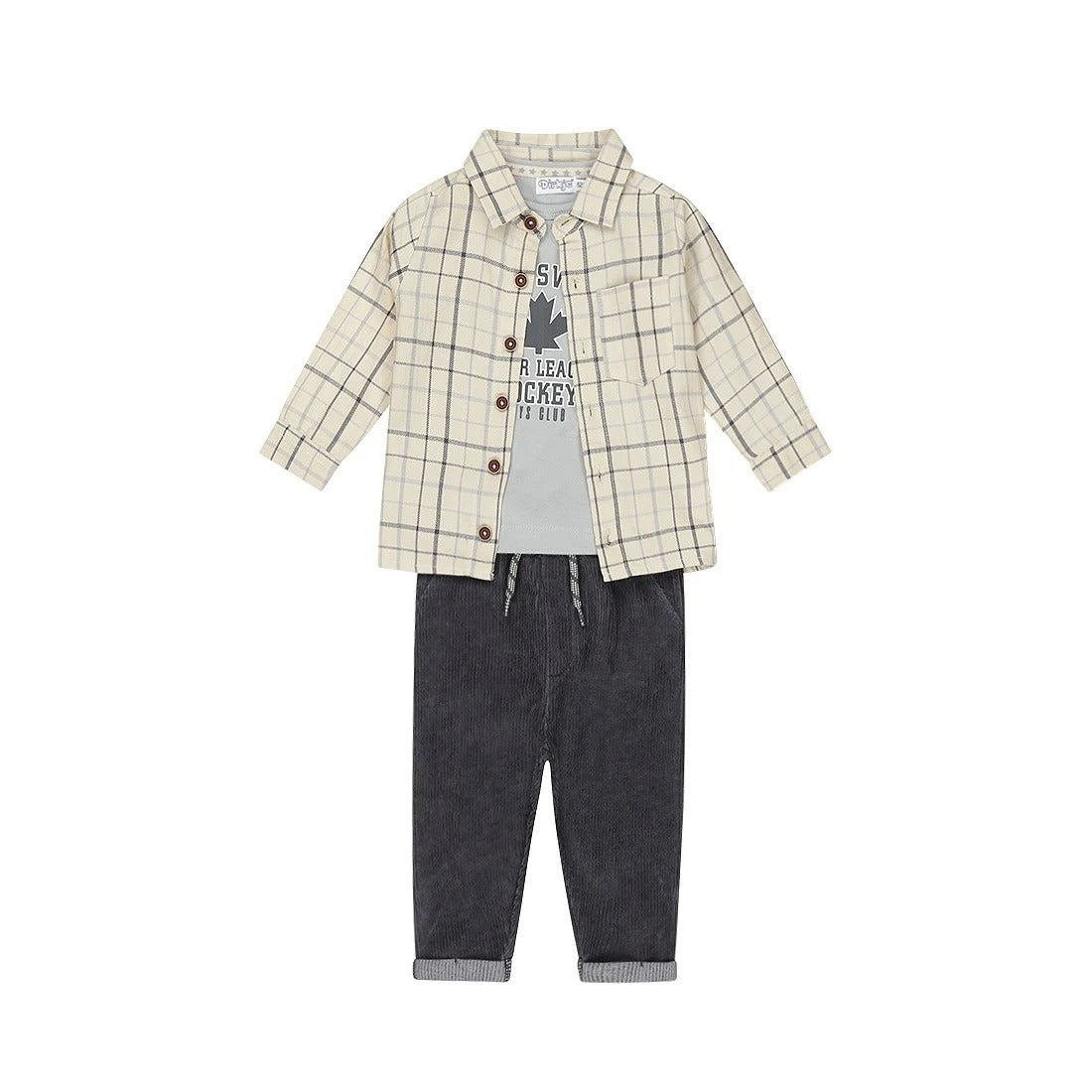 COMPLETO CON PANTALONE BLU A COSTE, CAMICIA A QUADRI E MAGLIETTINA MANICA LUNGA