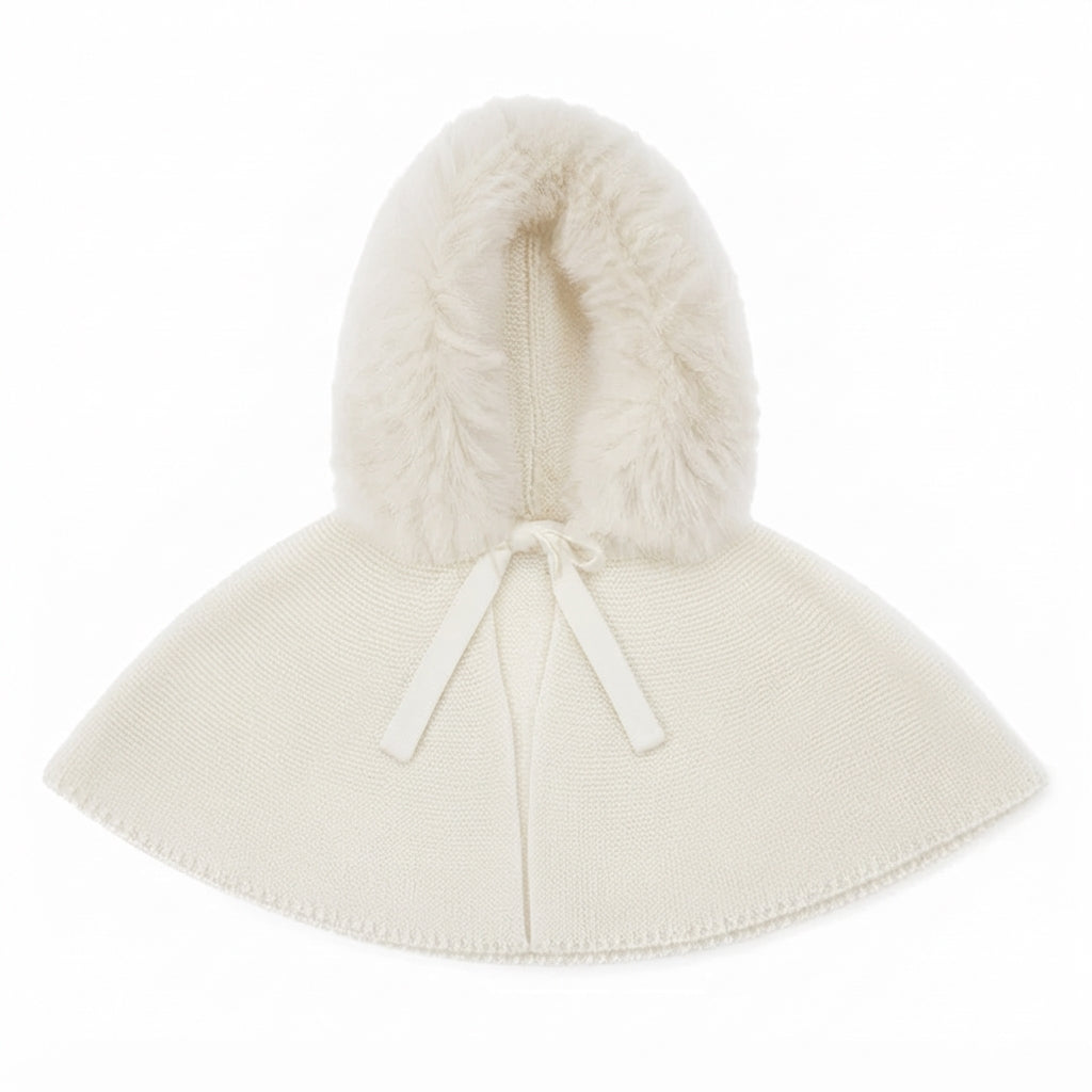 MANTELLA IN MAGLIA CON CAPPUCCIO PELUCHE BIANCA