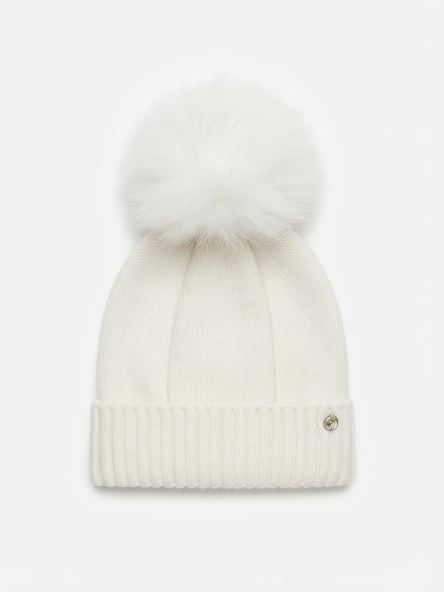CAPPELLO BIANCO MISTO CASHMERE CON POMPON F.