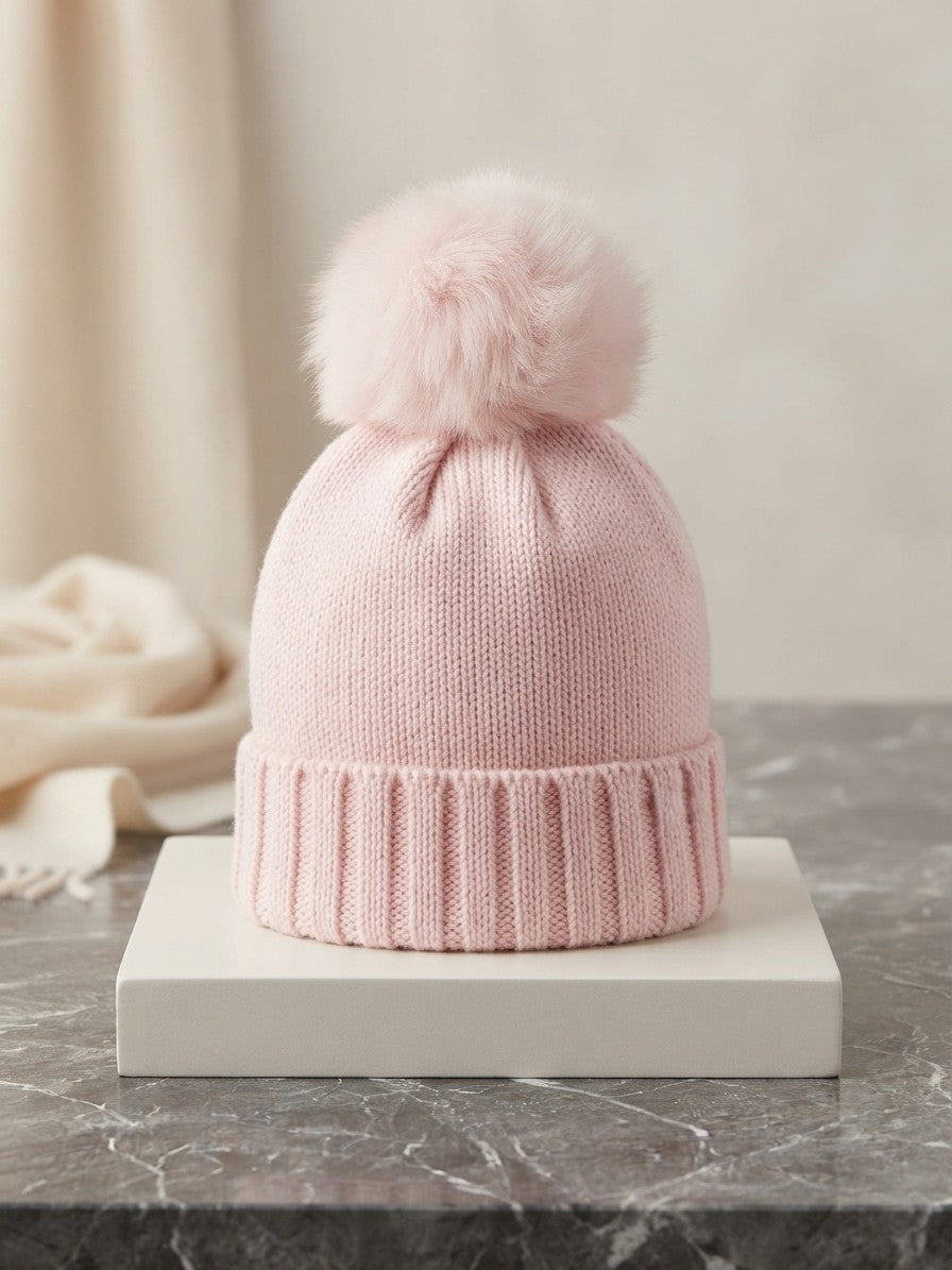 CAPPELLO ROSA IN LANA CON POMPON F.