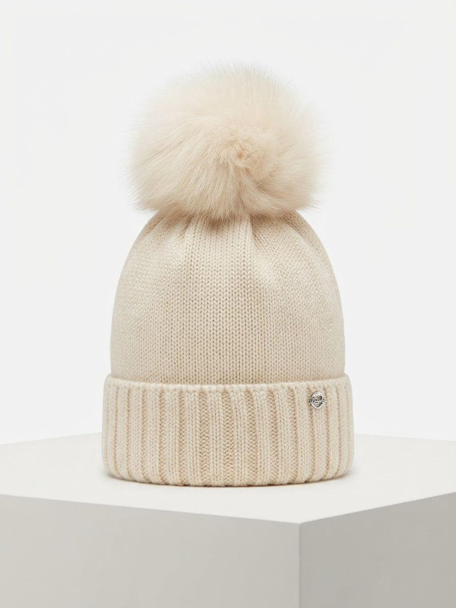 CAPPELLO BEIGE IN LANA CON POMPON FOX