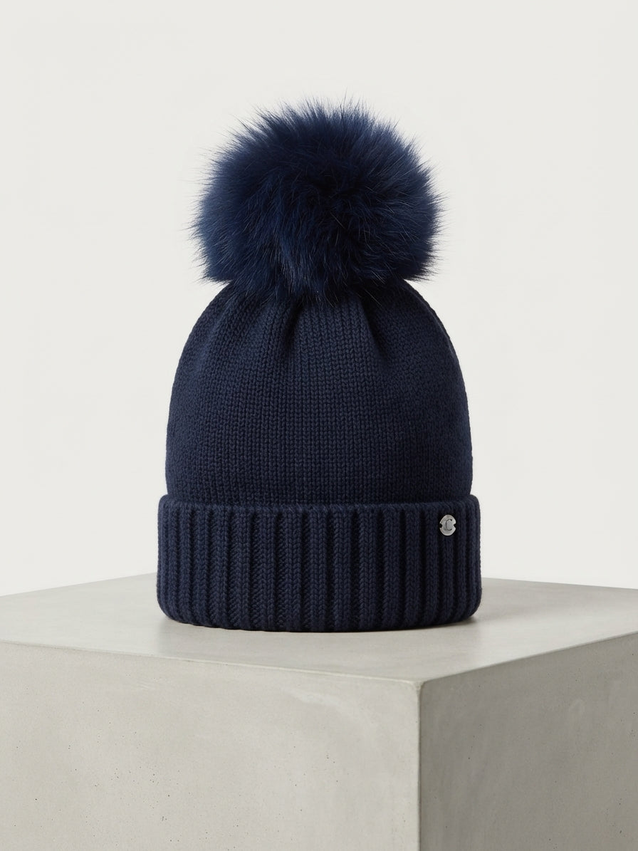 CAPPELLO BLU IN LANA CON POMPON FOX
